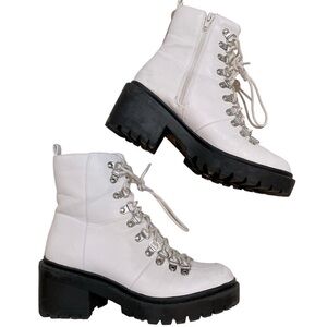 Olivia Ferguson Women’s White Lace Up Zipper Leather Chunky Heel Boots Size 6